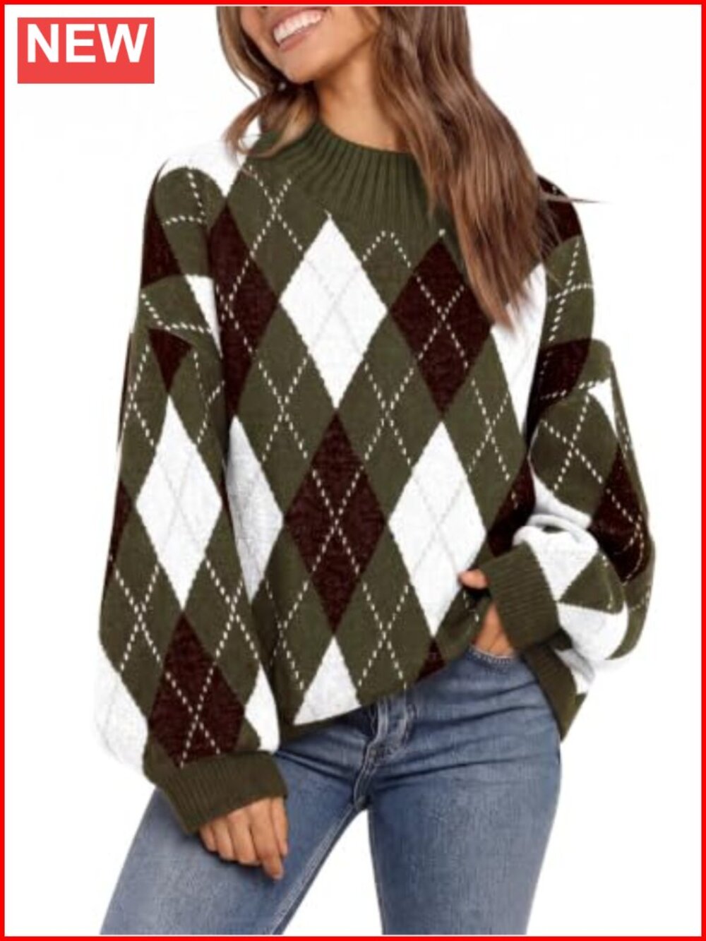 Chunky Knit Argyle Sweater Oversized Lantern Sleeve Crewneck
